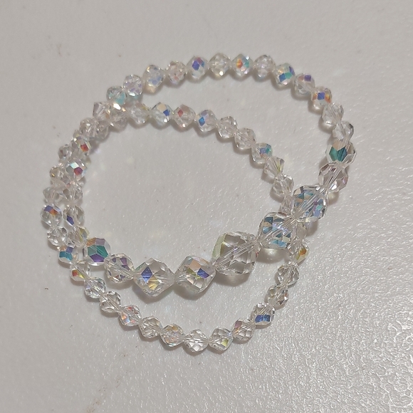 SOLD Plus Size Aurora Borealis AB Glass Faceted Beads Bracelet Vtg Upcycled - Picture 1 of 4